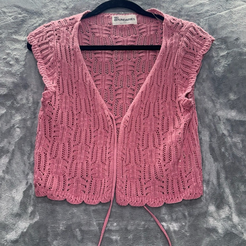 Pink Crop Crochet Knot Cardigan Cotton Tie Front Small Cottage Core Fairy